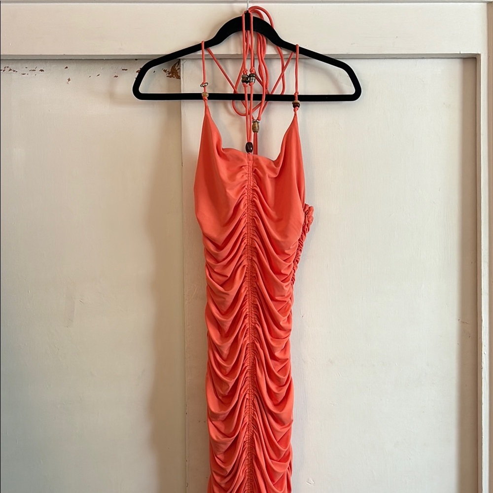 Coral Ruched Midi Dress